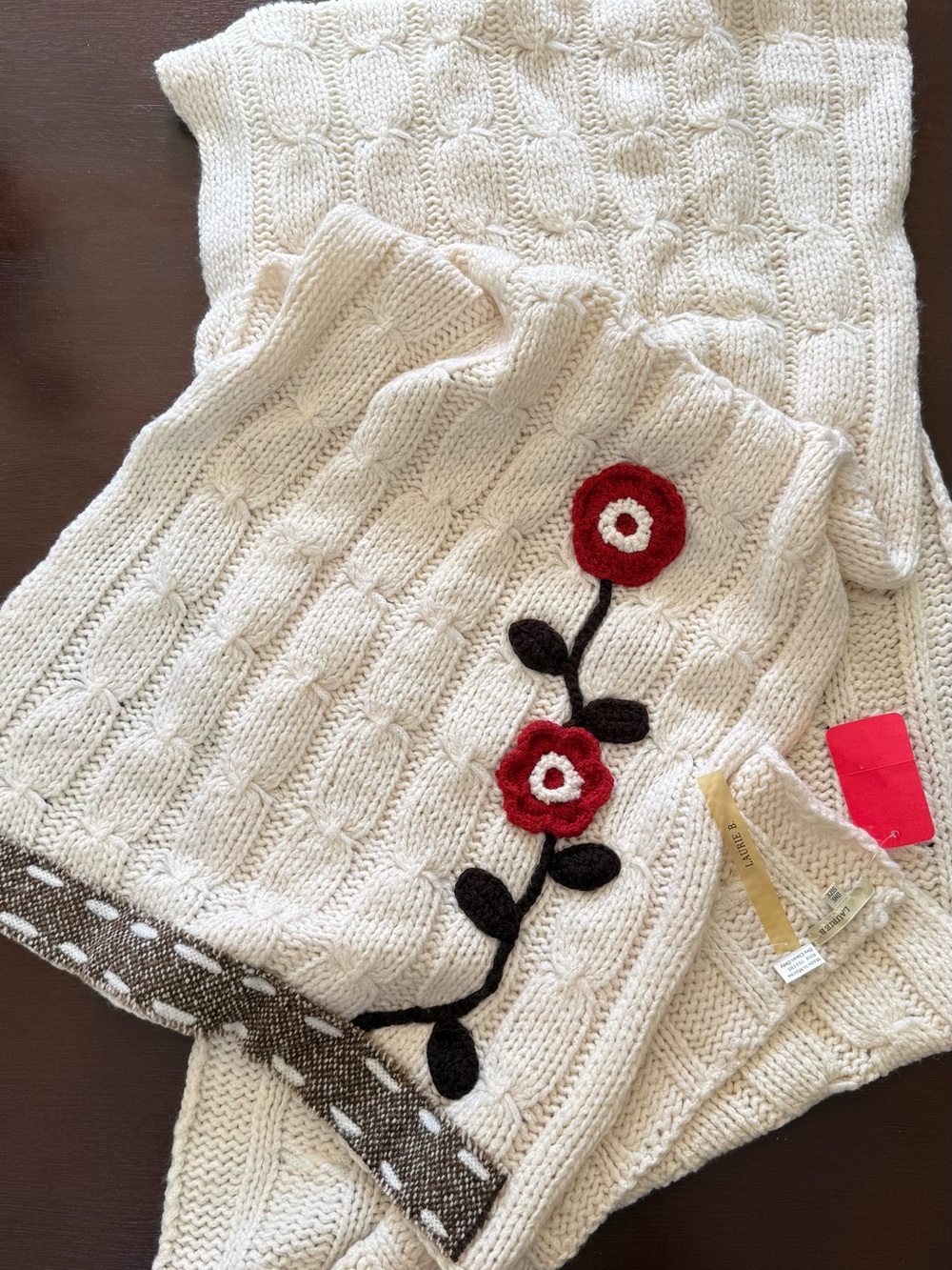 Wool Cream Cable Knit Scarf with Red Floral Appliqué